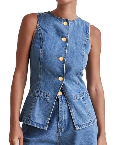 Kedera Women's Button Down Denim Vest Sleeveless Tank Tops Crew Neck Slim Fit Jean Jacket Waistcoat with Pockets - Image 1