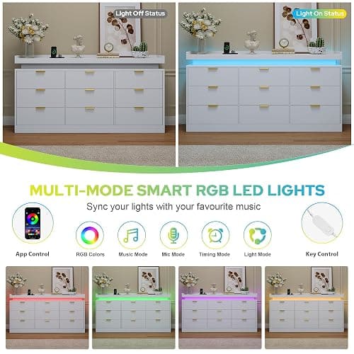 knoworld 9 Drawer Dresser for Bedroom, White Dresser with LED Lights and Power Outlet, Large Wooden Dressers Modern Chest of Drawers, Triple Wide 9 Drawer Dressers for Bedroom, Entryway, Hallway thumbnail 5