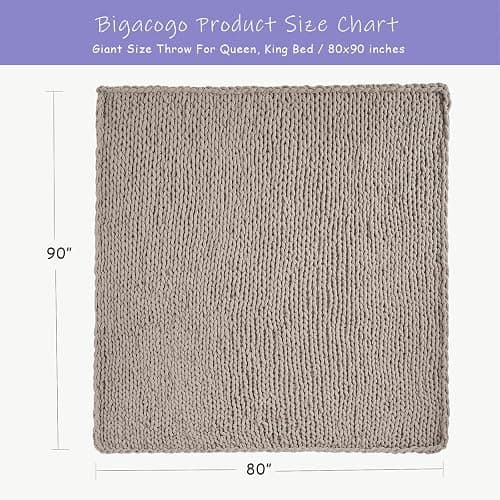 Bigacogo Chunky Knit Throw Blanket for Couch, 80x90 inches, 100% Hand Knitted with Thick Jumbo Chenille Yarn, Cozy Soft Large Rope Knot Cable Crochet Blankets for Sofa Bed Living Room, Taupe thumbnail 2