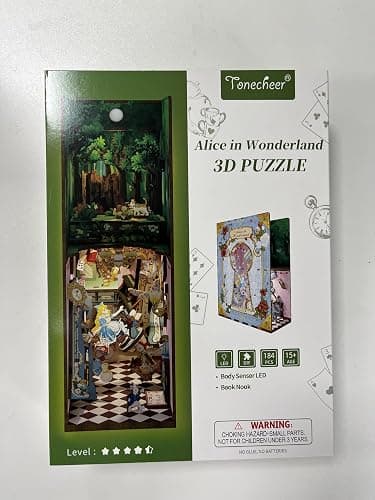 Tonecheer DIY Book Nook Kit for Adults,3D Wooden Puzzle Bookend Bookshelf Insert Library Decor, Booknook Miniature House Kit with Body Motion Sensor LED Light (Alice in Wonderland) thumbnail 10