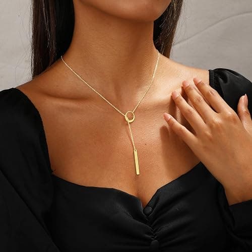 Hergory Long Gold Necklace for Women Trendy, Dainty Layered Lariat Necklace 14k Gold Plated Silver Y Shaped Beaded Chain Non Tarnish Drop Necklaces Simple Adjustable Jewelry Gift thumbnail 3