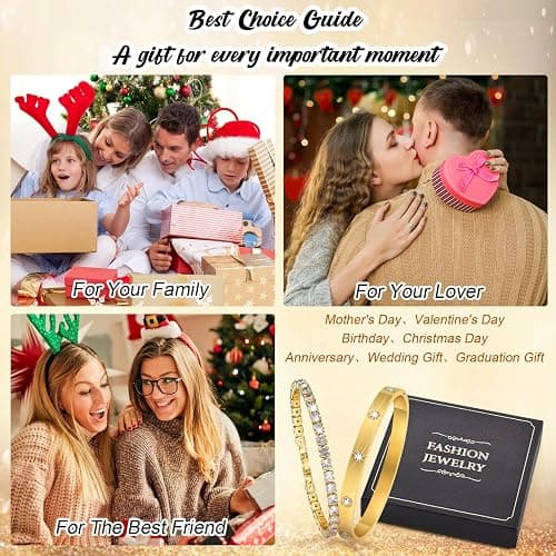 Gold Women Bangle Tennis Bracelet - Stainless Steel Gold Plated Girls Bangle, Dainty 4mm Cubic Zirconia Classic Tennis Bracelets, 17/19cm Jewelry Set Gift for Mother Best Friends thumbnail 7