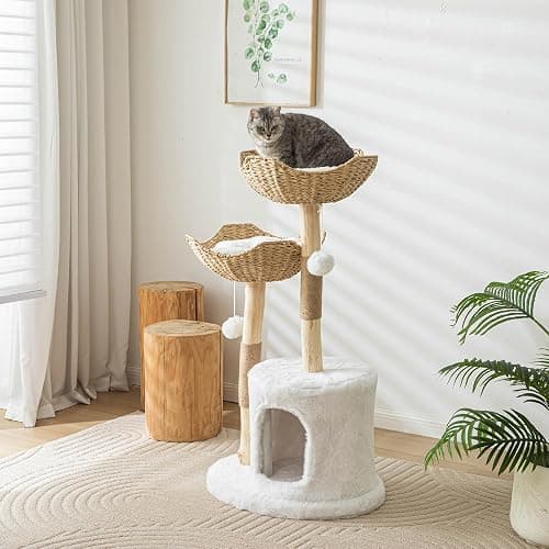 PISARRY Cat Tree Tower, 46 inch Modern Cat Tree for Indoor Cats Large Adult, Luxury Cat Condo with Scratching Post, Real Solid Wood Branch Indoor Boho Furniture, Climbing Tower, White thumbnail 2