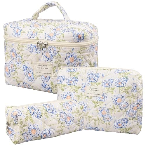 Makeup Bag,Quilted Cosmetic Bags,Large Floral Make Up Organize bag,Makeup Bag Set for Women,Flower Travel Toiletry Bag - Image 1