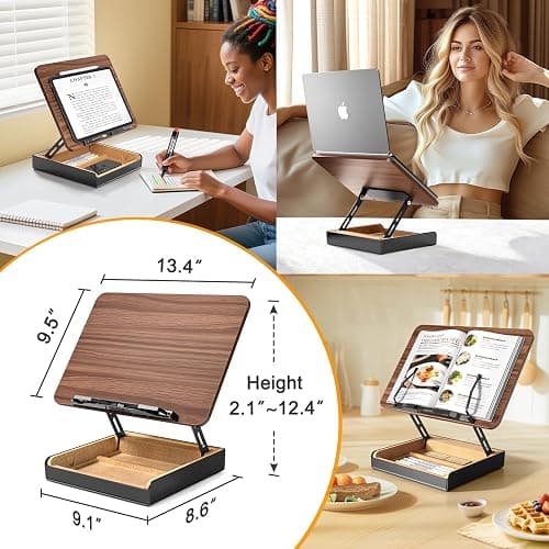 HUMANCOZY Book Stand with Storage, Book Holder for Reading Hands Free, Wooden Cookbook Stand for Kitchen Counter, Adjustable Reading Stand for Desk, Recipe Stand, Book Prop for Book Lovers thumbnail 8