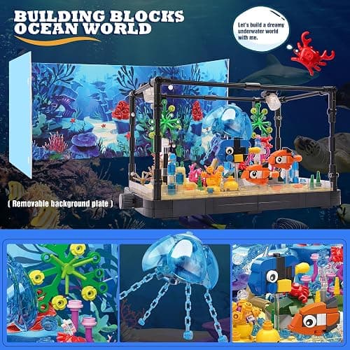 Fish Tank Building Block, Lighting Aquarium Building Sets for Adults and Kids Including Ocean Jellyfish, Dolphin, Turtle, Crab, Animal Building Toys for Boys Age 8-12, 725pcs thumbnail 4
