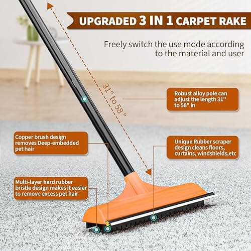 3 in 1 Carpet rake Kit for Pet Hair Removal Tool - Reusable Pet Hair Remover broom w 58"Adjustable Long Handle, Dog & Cat Carpet Scraper, Pet Hair Remover for Rugs, Mats, Couch, Curtains(Orange) thumbnail 3