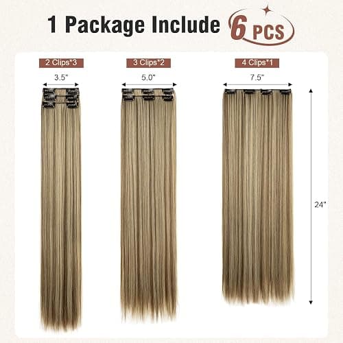 Flufymooz 6PC Clip in Hair Extensions 24" Straight Long Extensions for Women Synthetic Hairpiece (Brown with Blonde Highlights) thumbnail 4