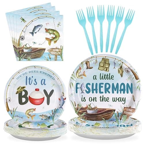 96 Pcs Fishing Baby Shower Party Decorations for Boy Gone Fishing Plates and Napkins A Little Fisherman is on The Way Party Decorations for Boys O Fishally 1st Birthday Favors Serves 24 - Image 1