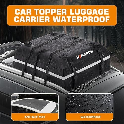 Kingfun Car Rooftop Cargo Carrier – Waterproof 20 Cubic Feet Car Roof Bag Fit All Vehicles with/Without Roof Racks, Includes Anti-Slip Mat, 8 Reinforced Straps & 6 Door Hooks, Luggage Locks（Black） thumbnail 2