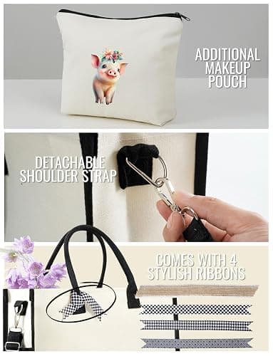 InnoBeta Pig Gifts for Women Canvas Tote Bag, Pig Gifts Tote with Top Zipper Closure and Shoulder Strap for Birthday, Mother's Day, Christmas thumbnail 5