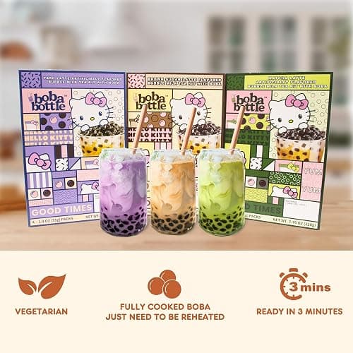 Hello Kitty Instant Boba Milk Tea Variety Kit, Brown Sugar, Taro, Match Flavor, with Taiwan Tapioca Pearls, Paper Straws Included (12 Servings) thumbnail 3