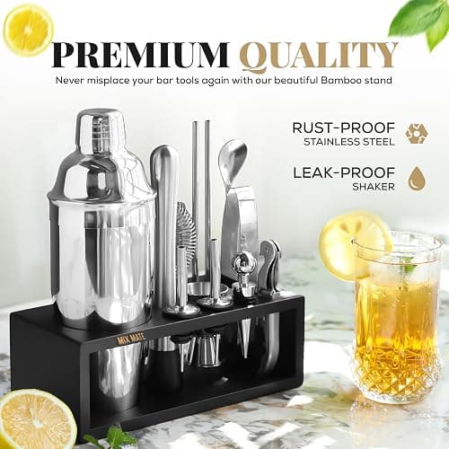 Mixology Bartender Kit with Stand | 15 Piece Bar Tool Set, Silver Bar Set Cocktail Shaker Set for Drink Mixing - Includes Martini Shaker, Jigger, Strainer, Bar Mixer Spoon, Tongs | Gift Idea (Silver) thumbnail 5