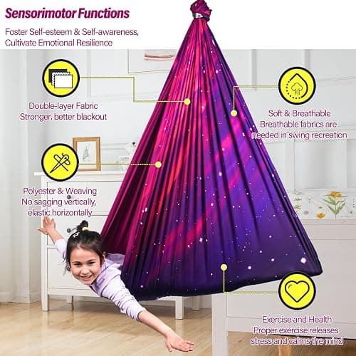 Sensory Swing for Kids & Adults Holds up to 300lbs Indoor & Outdoor Double Layer Therapy Cuddle Swing with 360° Swivel Hanger Kit for Calming, Effect for Autism, ADHD or SPD. (Galaxy Purple) thumbnail 4