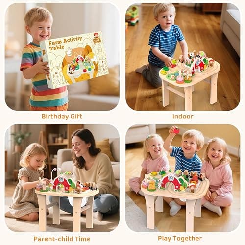 Weilim Montessori Activity Table for 1 Year Old, Wooden Farm Toddler Toy | Busy Activity Center with Bead Maze, Shape Sorter, Train Track & Spinning Gears—Sensory Play That Grows Fine Motor Skills thumbnail 7
