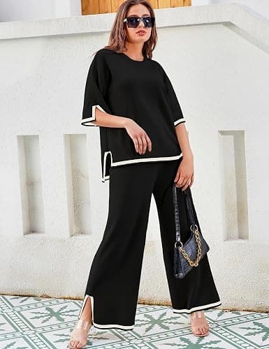Tanming Sweater Sets Women 2 Piece Lounge Sets Short Sleeve Knit Pullover Tops Wide Leg Pants thumbnail 3