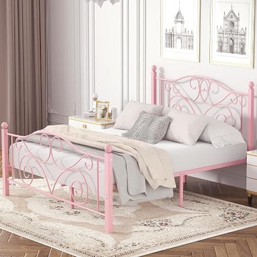 VECELO Queen Size Bed Frame with Headboard and Footboard, Heavy Duty Metal Slat Support, Platform Mattress Foundation, No Box Spring Needed, Easy Assembly, Light Pink thumbnail 3
