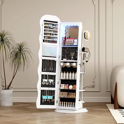 Vlsrka 360° Swivel Jewelry Aromire with Wavy Mirror, Lockable Jewelry Organizer Mirror Full Length, Rotatable Standing Mirror with Storage, Jewelry Cabinet, Interior Mirror, Flodable Shelf, White thumbnail 2