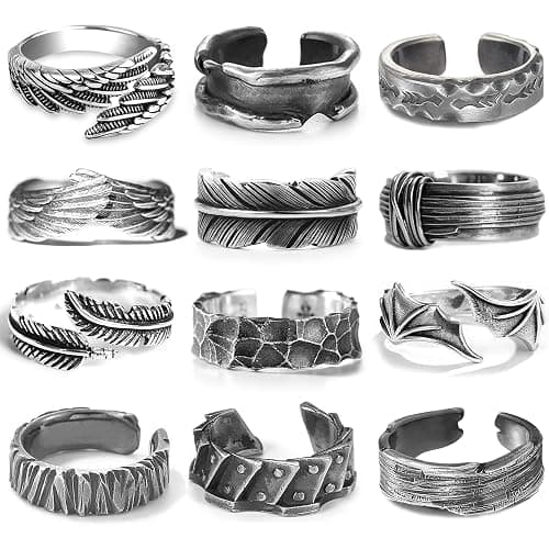 RIOSO 12Pcs Vintage Rings for Men Cool Adjustable Angel Wings Ring Goth Punk Open Ring Set - Image 1