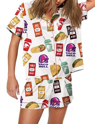 Womens Button Down Pajama Sets Soft Button Down Loungewear 2 Piece Outfits Funny Satin Pjs Shorts Set XXS-XXXL - Image 1