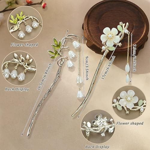2Packs Lily of the Valley Chinese Hair Sticks for Buns, Pearl Flower Vintage Metal Hair Chopsticks for Women and Girls Dangle Tassel Pendant Hair Accessories Hanfu Handmade Decor Hairpin (white) thumbnail 3