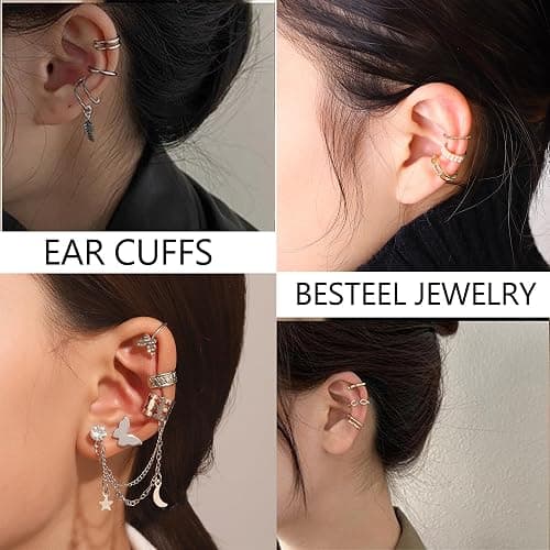 BESTEEL 66 Pcs Ear Cuff Earrings for Women Non Piercing,Hypoallergenic Silver plated Clip on Fake Earrings for Sensitive Ears,Ear Wrap Earrings for Helix Cartilage,Cz Star Butterfly Ear Cuffs Non Piercing thumbnail 3