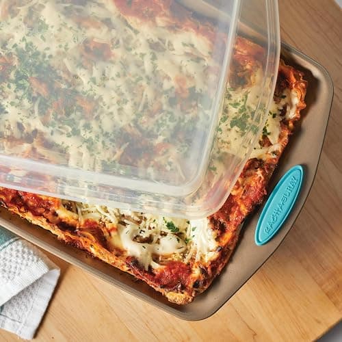 Rachael Ray 47578 Cucina Nonstick Bakeware Set with Grips Includes Nonstick Bread Pan, Baking Sheet, Cookie Sheet, Baking Pans, Cake Pan and Muffin Pan - 10 Piece, Latte Brown with Agave Blue Grips - 10 Piece - Latte Brown with Agave Blue Grips - Bakeware Set thumbnail 11