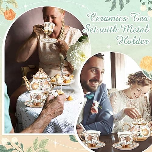 Zhehao 20 Pcs Porcelain Tea Set with Metal Holder and Spoon Adult Ceramic Tea Party Set European Flower Painting Teapot Cup Saucer Spoon Set for Women, Large Version(Elegant Style) thumbnail 6