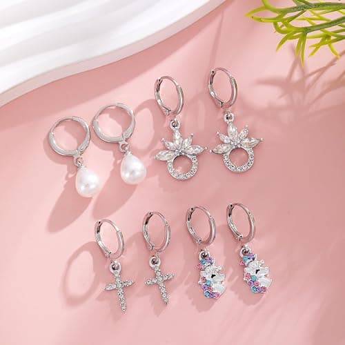 16 Pairs Hypoallergenic Silver Small Hoop Dangle Earrings Set for Girls Women Cute Heart Cat Butterfly Pearl Bow Huggie Hoop Dangle Earrings for Little Girls Kids Jewelry Gift thumbnail 7