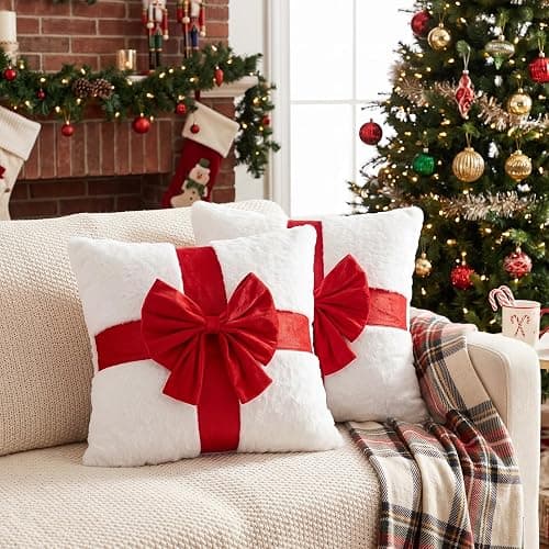 Meanplan 2 Pcs Christmas Red Bow Throw Pillow Covers 18x18 Inch Xmas Decor | Soft Fluffy Plush Throw White Pillowcases with Red Velvet Bow, Faux Fur Xmas Gifts for Couch Holiday Sofa Cushion Decoration - Image 1