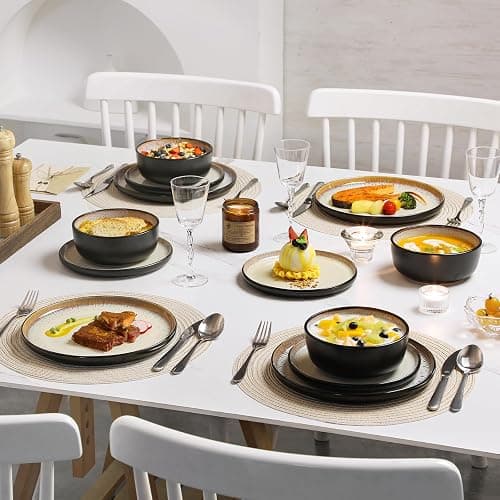 vancasso Plates and Bowls Sets, 24 Pieces Stoneware Dinnerware Sets for 8, Kitchen Dish Set Mircowave and Dishwasher Safe Ceramic Dishware, Light Cream, Series AMBER thumbnail 7