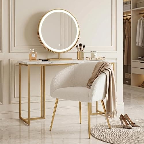 gusohey Modern Vanity Chair, Living Room Chair with Metal Legs,Teddy Fabric Dining Chair, Comfy Accent Chair for Makeup Room, Waiting Room, Dressing Room, Bedroom, Dining Room, Home Office (1, White) thumbnail 3
