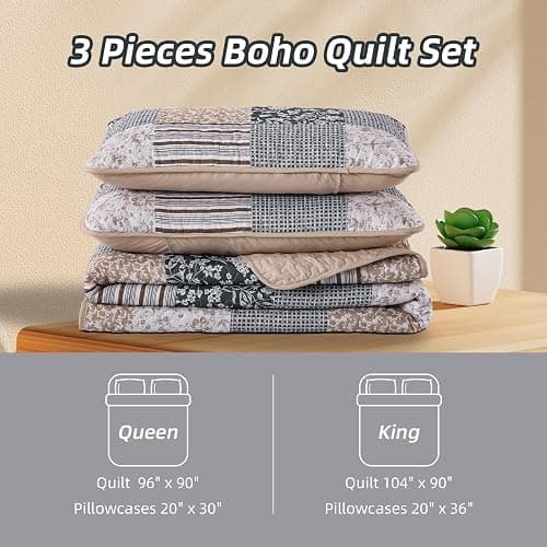 Mybedsoul Patchwork Quilt Set Queen Size, 3 Pieces Blue Brown Floral Plaid Bedspread Coverlet Set, Reversible Soft Microfiber Bedding Set for All Season, Fall Winter Queen 90"x96" thumbnail 7