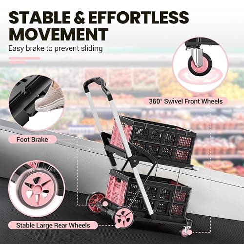DKENICOR 8-in-1 200LBS Collapsible Shopping Cart, Multi Functional Utility Cart with 2 Storage Crate,Adjustable Handle Grocery Cart on Wheels for Shopping, Warehouse, Office, Supermarket, Pink thumbnail 5