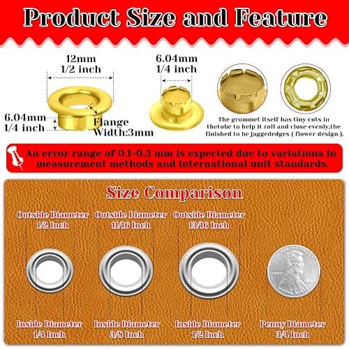 803Pcs Grommet Eyelet Pliers Kit, 1/4 Inch Grommet Tool Kit with 800 Metal Eyelets, Grommet Hand Press kit for Leather Crafts(Inside Dia: 6.4mm/Outer Dia: 12mm (A.I.S.)/Flange Width: ~3mm) thumbnail 2