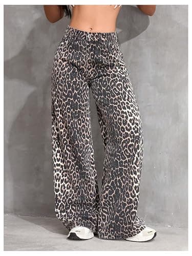 Floerns Women's Y2k Cheetah Print Wide Leg Jeans High Waisted Baggy Casual Denim Pants thumbnail 4