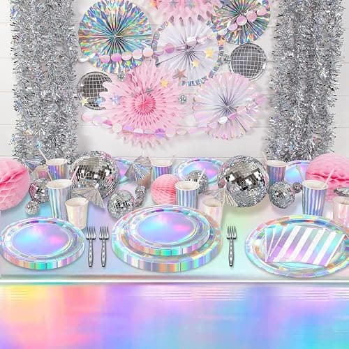 Iridescent Party Supplies for 20 Guests, Disposable Iridescent Tableware Set Includes Holographic Paper Plates, Napkins, Forks, Tablecloth for Birthday Mermaid Themed Party Decorations Wedding thumbnail 7