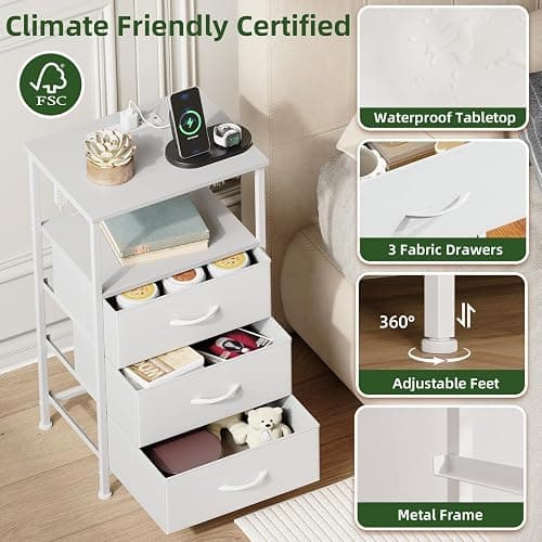 Somdot White Nightstand with Charging Station and LED Light for Bedroom, Tall 3 Drawers Dresser with Fabric Bins for Bedside Kids Dorm Room Closet Laundry Entryway, White Leather thumbnail 6