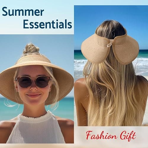 NPJY Sun Hats for Women Wide Brim Roll-Up Beach Ponytail Hat Packable Foldable Travel Straw Visor thumbnail 7