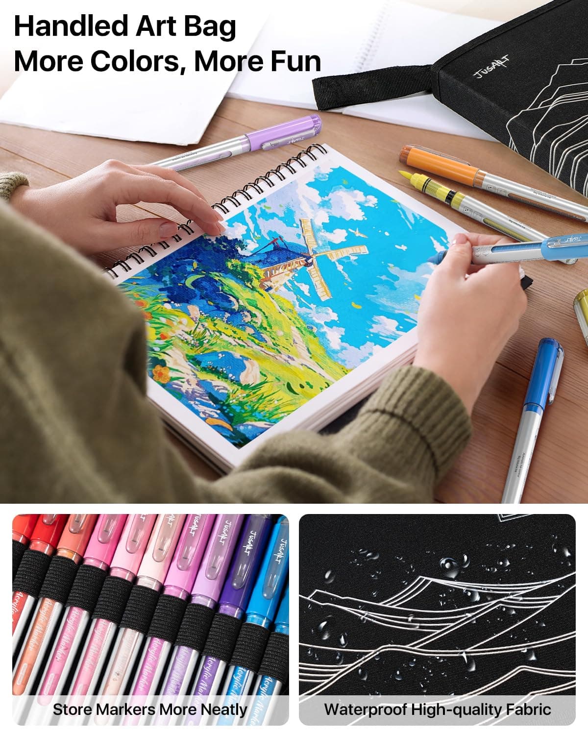 JusArt 72 Colors Acrylic Paint Markers with Canvas Bag, Water-Based Paint Pens with Automatic Ink Control for DIY Halloween Crafts, Waterproof Brush Tip Markers for Pumpkin, Rock, Wood, Fabric, Glass thumbnail 6