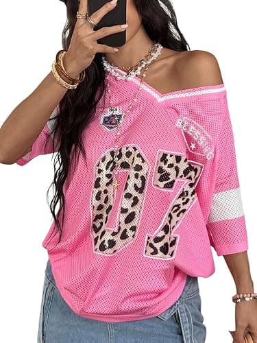 SOLY HUX Women's Y2k Leopard Number Graphic Oversized Tops Football Jersey Shirts Streetwear - Image 1