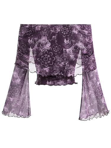 Verdusa Women's 70s Off The Shoulder Renaissance Tops Bell Flared Sleeve Floral Fairycore Mesh Crop Tops thumbnail 2