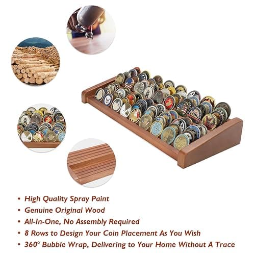 ASmileIndeep 8 Rows Solid Wood Challenge Coin Display Stand - Military Holder for Up to 60-70 Coins - Ideal Rack for Army Navy Marine Corps Law Enforcement Collectors, Walnut Finish thumbnail 4