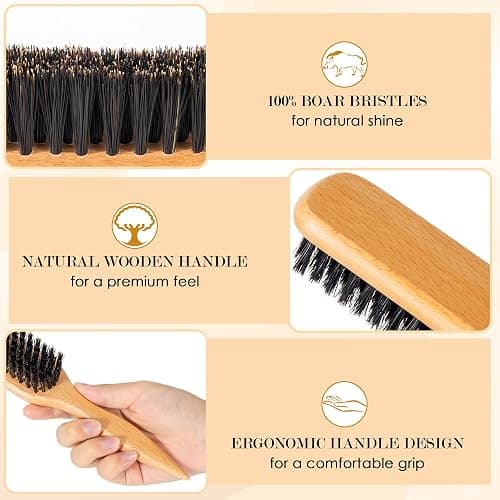 Slick Back Hair Brush for Women & Men, Boar Bristle Hair Brush for Thin & Fine Hair, Soft Smoothing Baby Hairs for Polishing, Deepening, Styling, Sectioning & Parting-Wide Rat Tail thumbnail 3