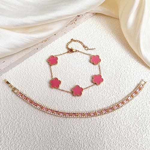 2Pcs Stackable Bracelet Set for Women Cubic Zirconia Tennis Bracelet Adjustable 18K Gold Plated Flower Bracelet Set Trendy Gifts for Women thumbnail 3