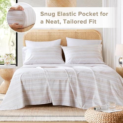 Comfort Spaces 100% Cotton Sheets King, Breathable, Naturally Cool Cotton Sheets, Cotton Bed Sheets with 14" Elastic Pocket Fits up to 16" Mattress, All Seasons Sheet Set, Good Vibes Taupe 4 Piece thumbnail 7