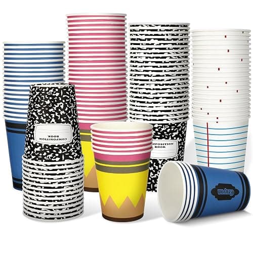 Qinyoung 100 Pcs Back to School Paper Cups 9 oz Pencil Notebook Crayon Composition Book Paper Cups First Day of School Disposable Drinkware for Preschool Kindergarten Graduation Party Supplies - Image 1