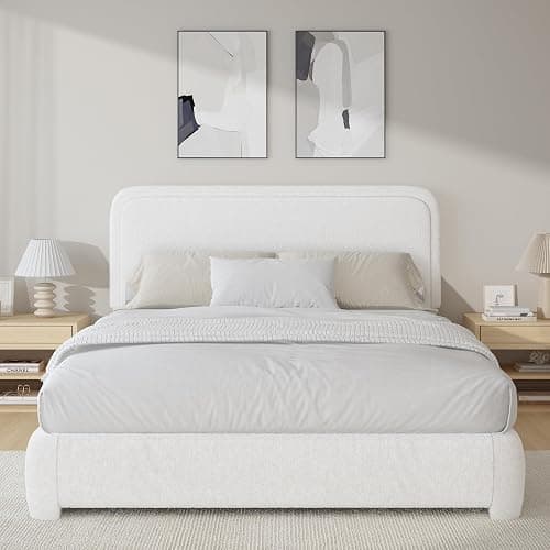 Full Size Bed Frame, Boucle Upholstered Platform Bed Frame with Headboard, Modern Style, Soft Rounded Corners, No Box Spring Required, Easy Assembly, White thumbnail 3