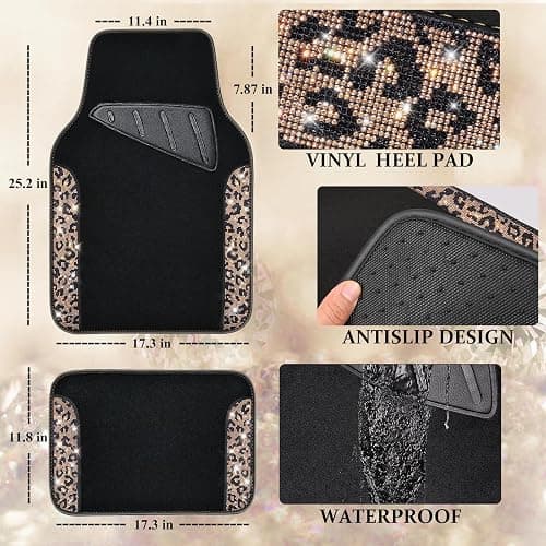 CAR PASS Bling Diamond Car Floor Mats, Shining Rhinestone Carpet Sparkly Glitter Crystal with Anti-Slip PVC Heel Pad Waterproof Universal Fit Automotive SUV,Sedan,Van,Cute Girl Women,4pcs Gold Leopard thumbnail 5