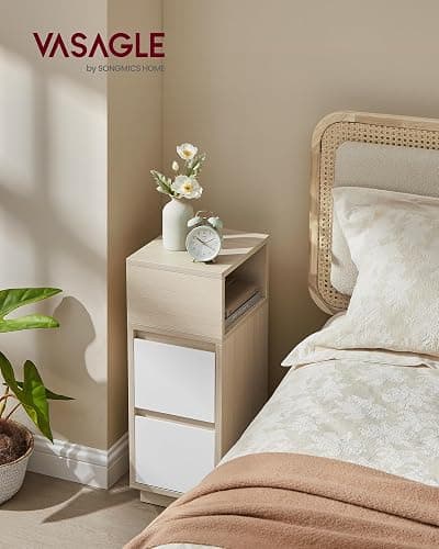 VASAGLE Kailyn Collection - Table de Chevet Étroite, Table d’Appoint, 2 Tiroirs et Compartiment Ouvert, Montage à Gauche ou à Droite, Chambre, Salon, Beige Naturel et Blanc Nuage LET656N01 - 1 - Beige Naturel + Blanc Nuage thumbnail 2